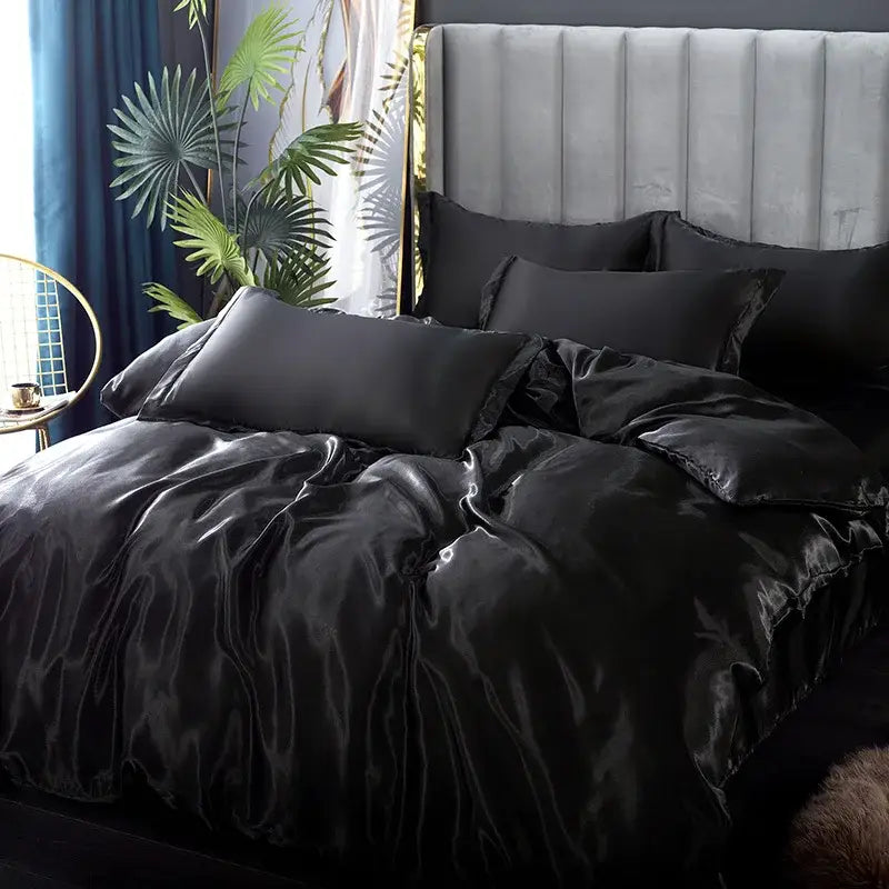 Luxurious lavender satin duvet cover and bed sheet bedroom set