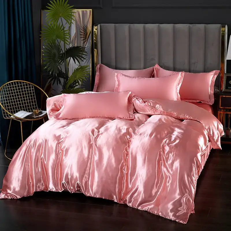 Luxurious lavender satin duvet cover and bed sheet bedroom set