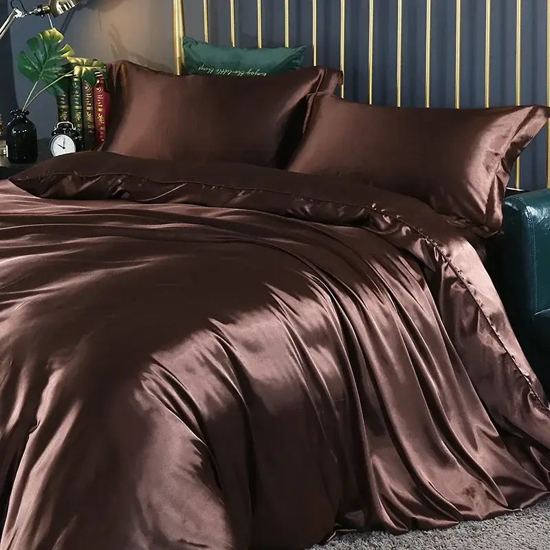 Luxurious blue satin duvet cover and bed sheet set for bedroom