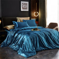 Luxurious teal satin duvet cover set – bedroom gold trimmed bedding
