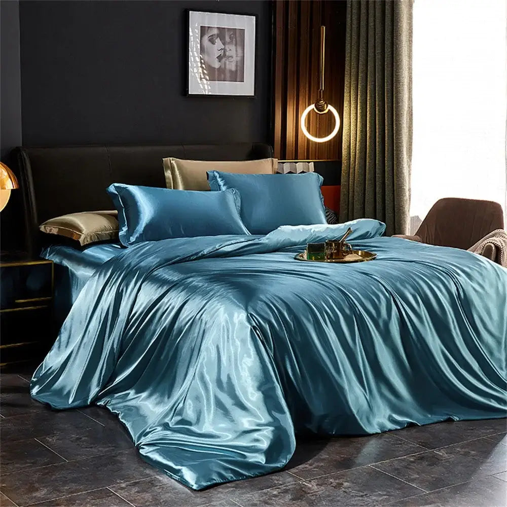 Luxurious teal satin duvet cover set – bedroom gold trimmed bedding