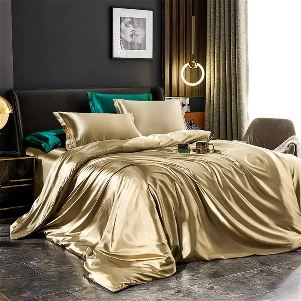 Luxurious teal satin duvet cover set – bedroom gold trimmed bedding