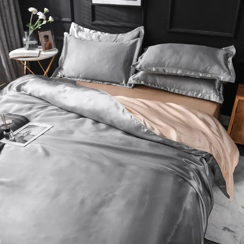 Luxurious light blue satin silk bedding set bedroom duvet cover