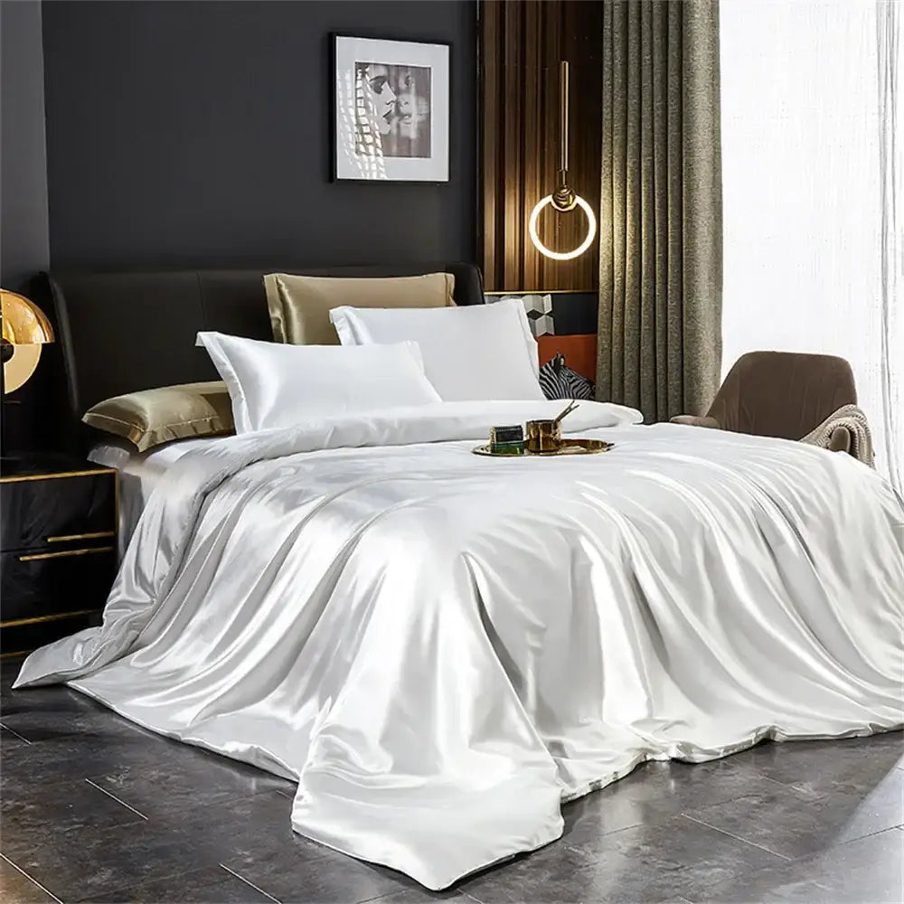 Luxurious white satin duvet cover bedroom silk bedding set