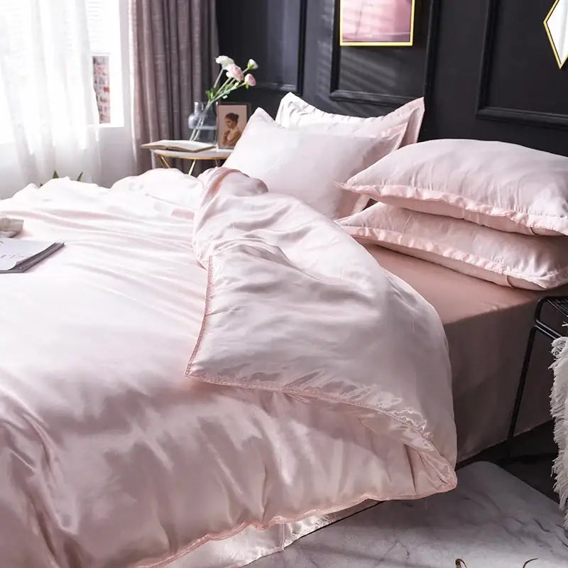 Luxurious gold satin silk bedding set bedroom ruffled edge decor