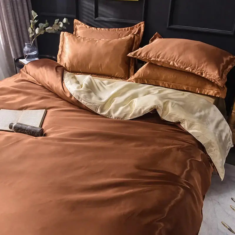 Luxurious copper silk bedding set bedroom satin duvet cover