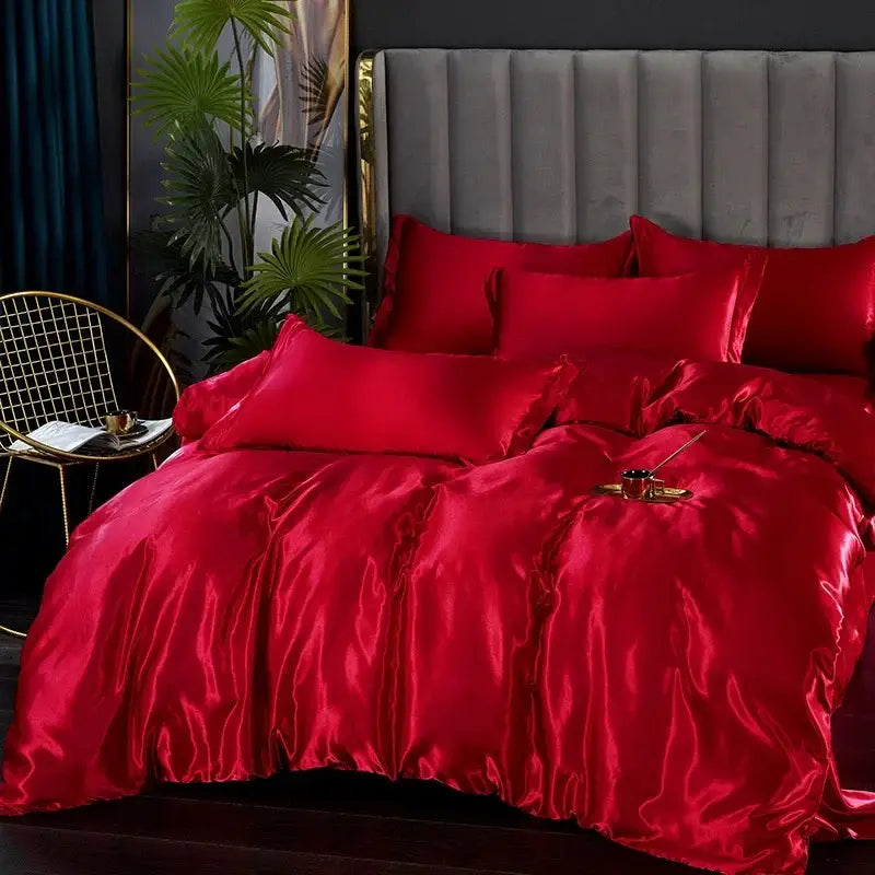 Luxurious gold satin duvet cover set bedroom silk bedding