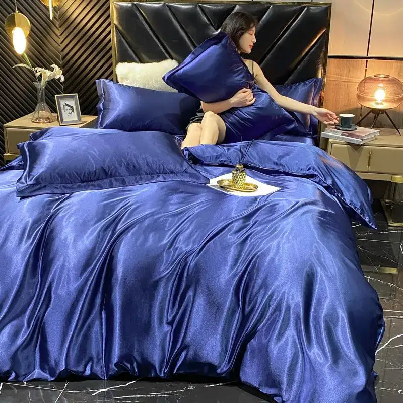 Luxurious silver satin duvet cover bedroom bedding set