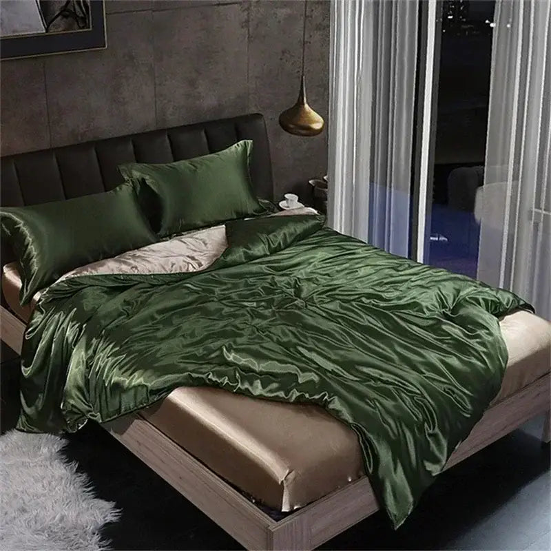 Luxurious teal satin bedding set with duvet cover for bedroom