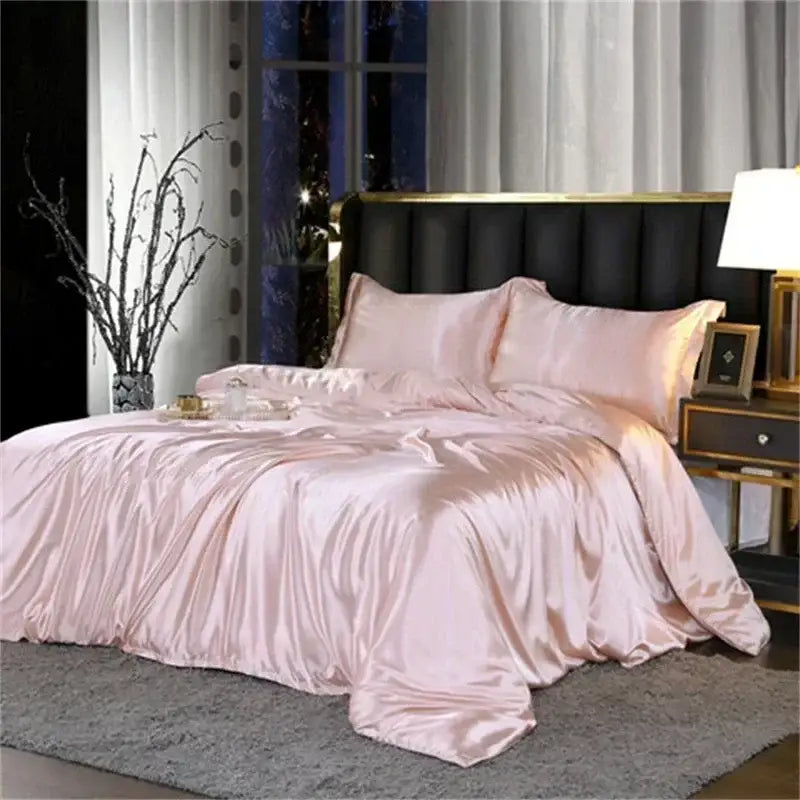 Pink glossy satin ruffled bedding set with fitted sheet bedroom