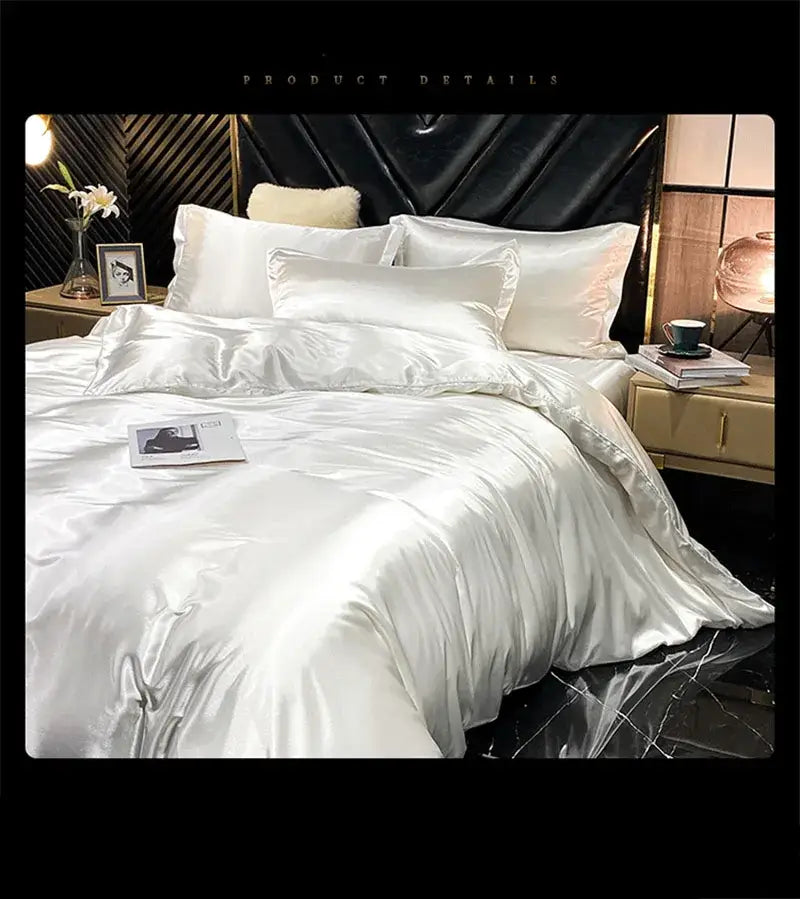 Pink glossy satin ruffled bedding set with fitted sheet bedroom