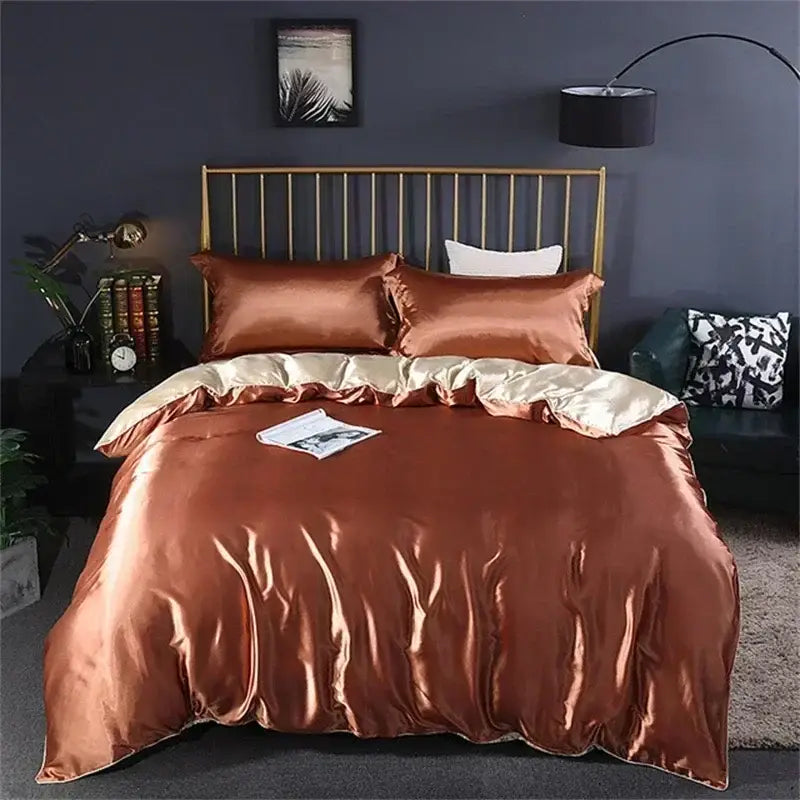 Luxurious champagne & red silk satin duvet cover bedding set bedroom