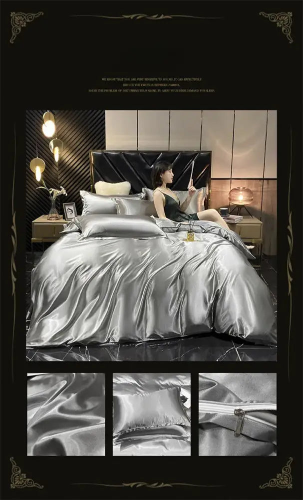 Luxurious champagne & red silk satin duvet cover bedding set bedroom