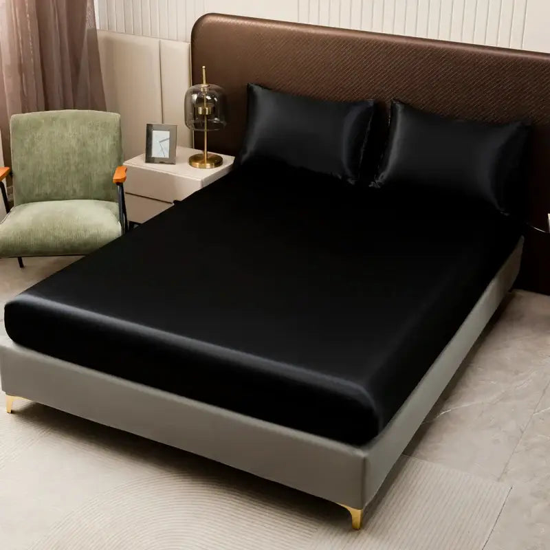 Luxurious cream solid color satin bedding set with flat sheet bedroom
