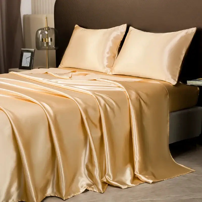 Luxurious cream solid color satin bedding set with flat sheet bedroom