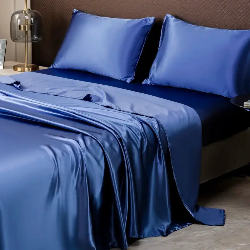 Luxurious cream solid color satin bedding set with flat sheet bedroom