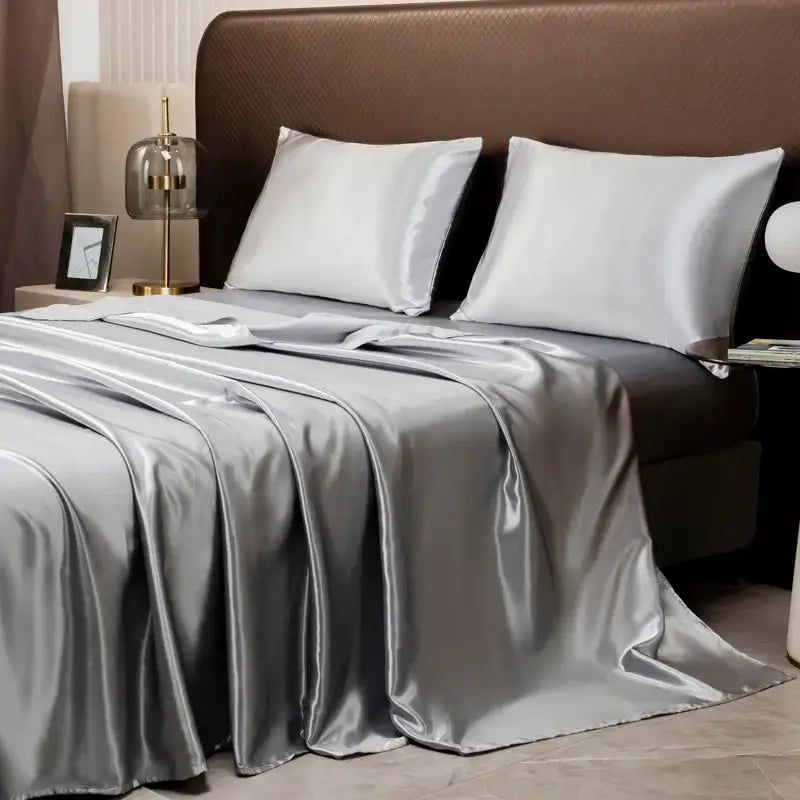 Luxurious cream solid color satin bedding set with flat sheet bedroom