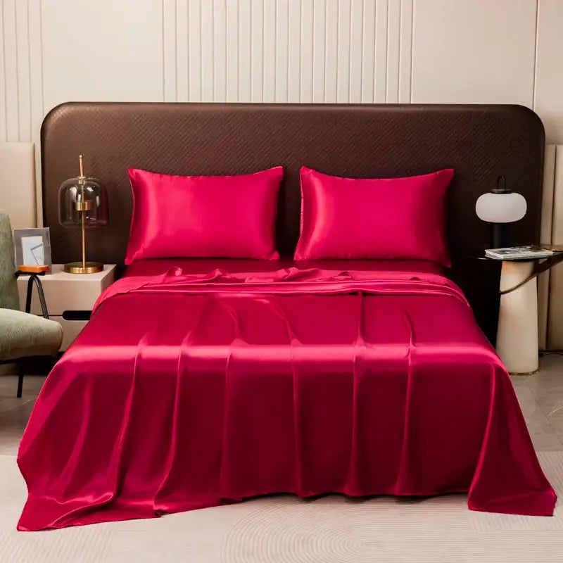 Luxurious cream solid color satin bedding set with flat sheet bedroom