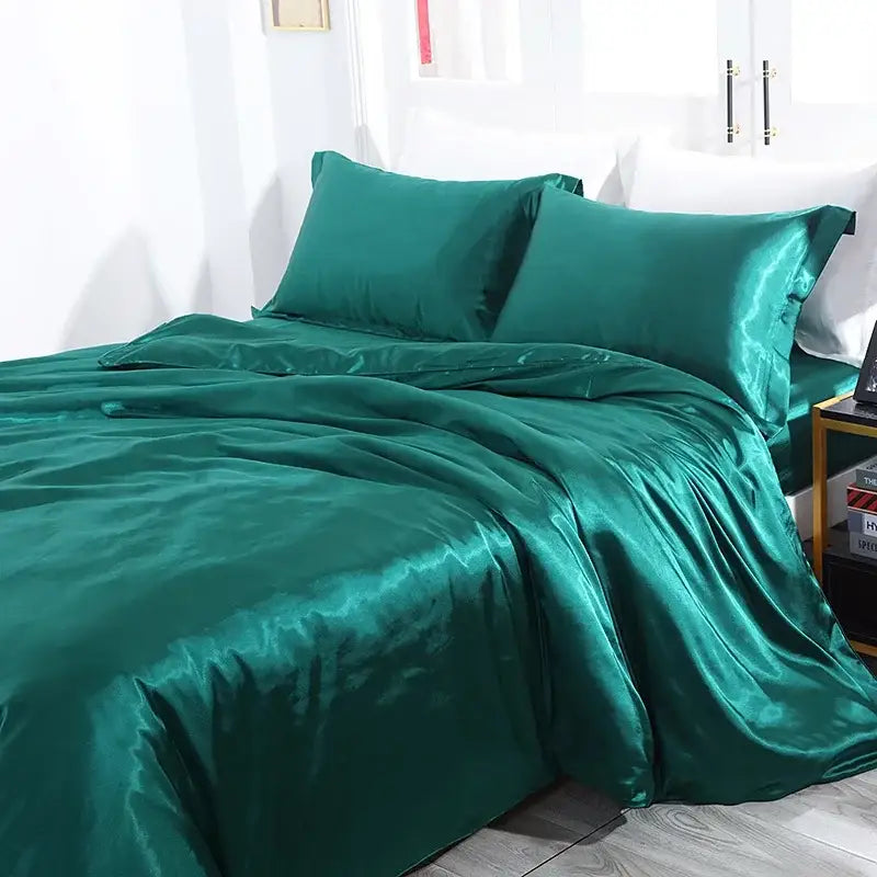 Luxurious emerald green satin duvet cover set bedroom bed sheet