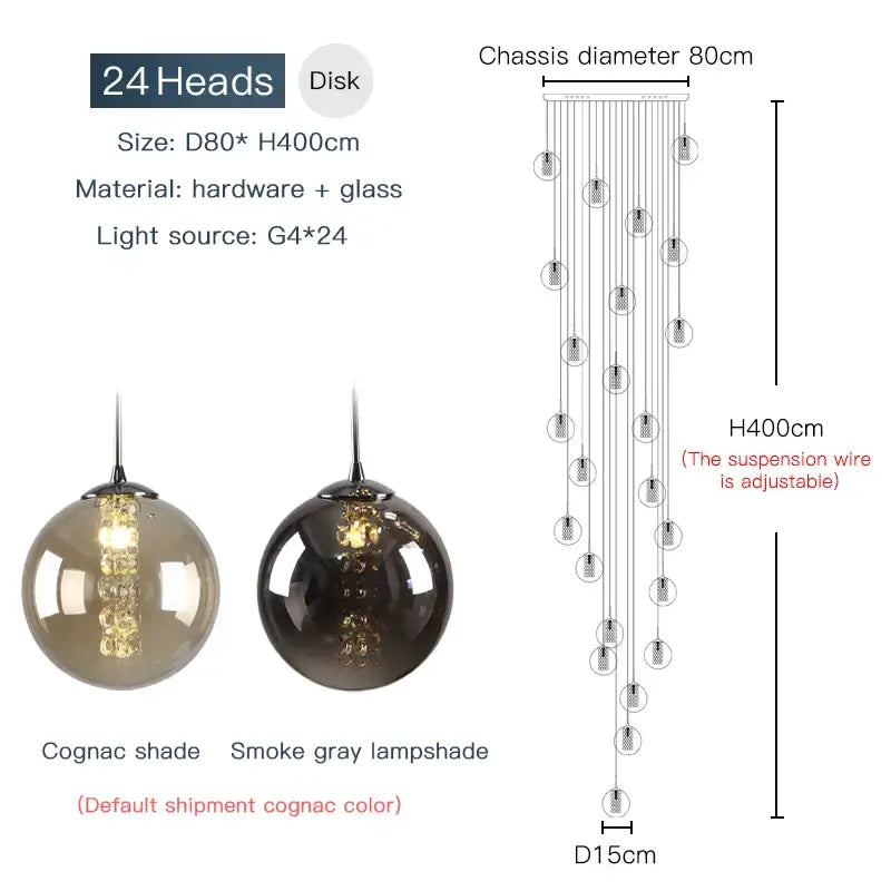 Modern loft dark & amber glass spiral chandelier dining room pendant