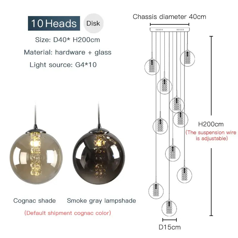 Modern loft dark & amber glass spiral chandelier dining room pendant