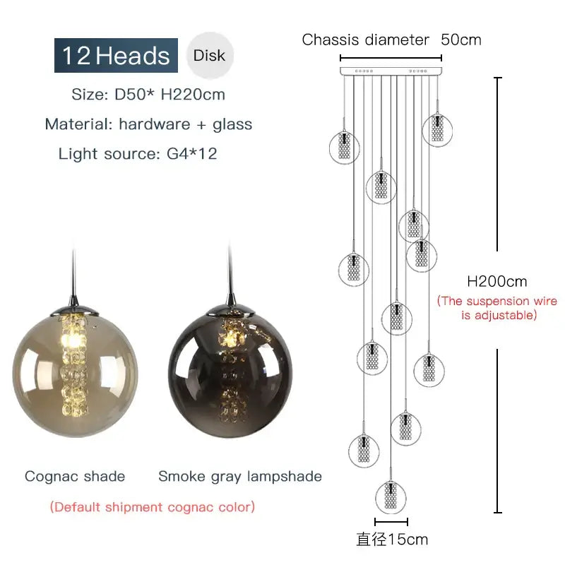 Modern loft dark & amber glass spiral chandelier dining room pendant