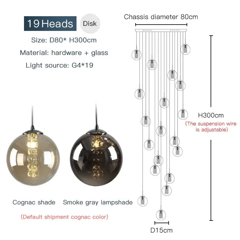 Modern loft dark & amber glass spiral chandelier dining room pendant