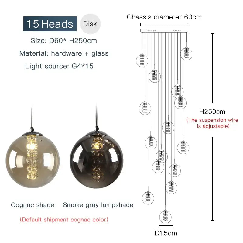 Modern loft dark & amber glass spiral chandelier dining room pendant