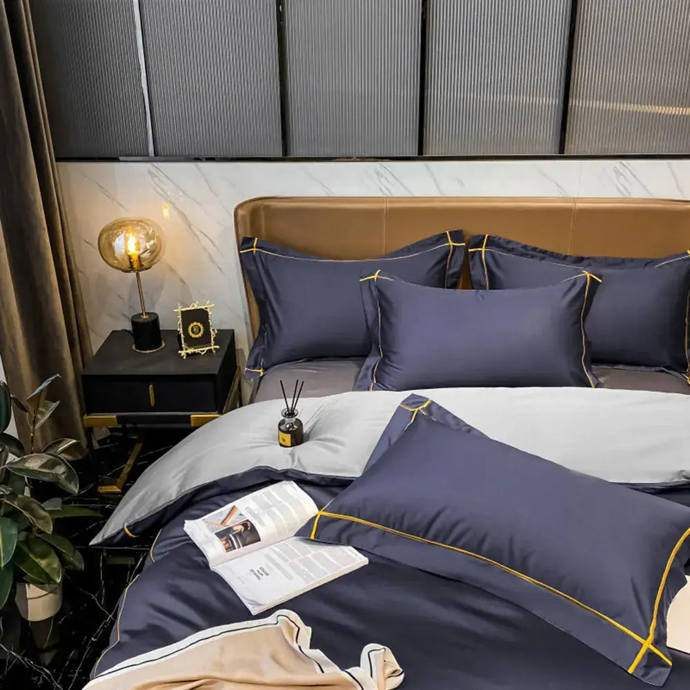 Luxurious navy & gold egyptian cotton duvet cover bedding set bedroom