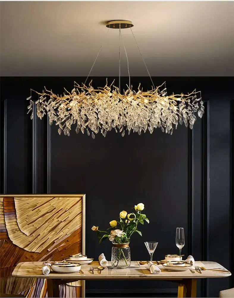 Luxury golden leaf crystal chandelier living room led light