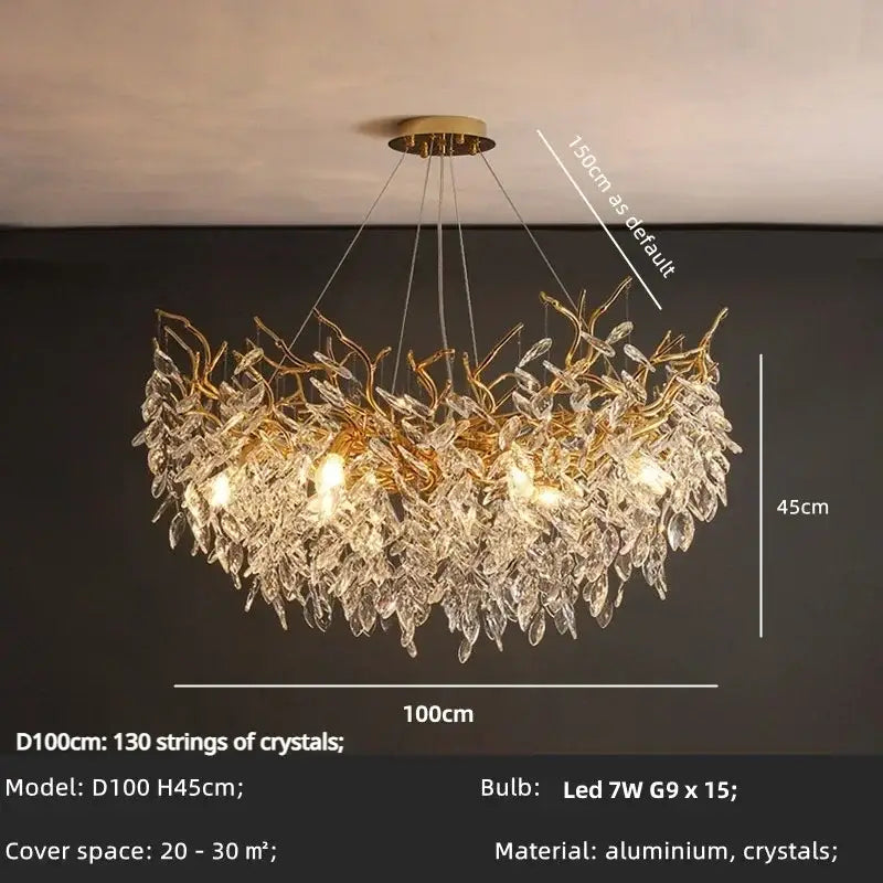Luxury golden leaf crystal chandelier living room led light