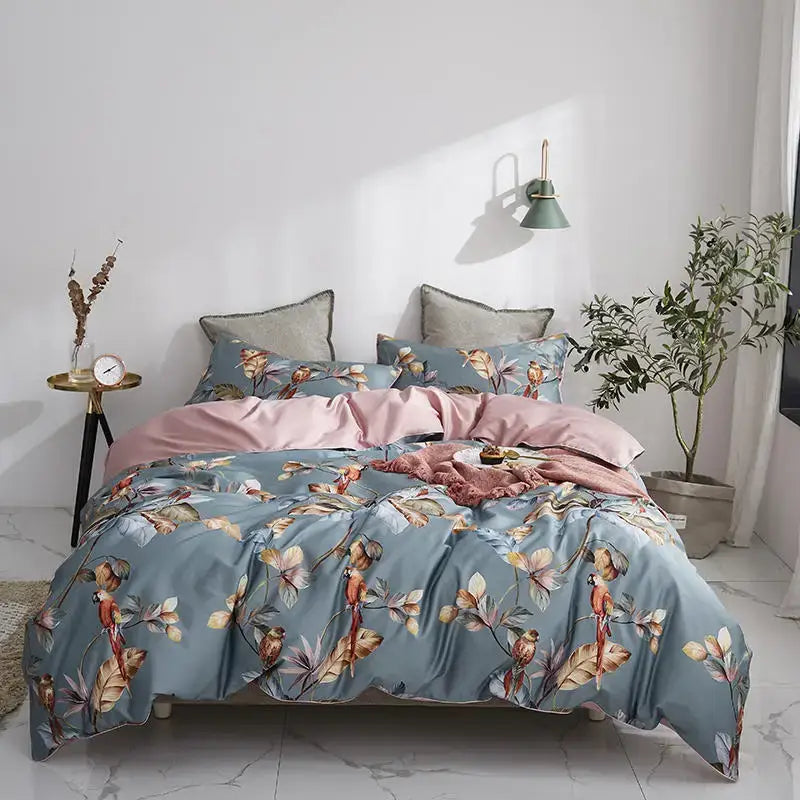Luxury pastel blue egyptian cotton floral duvet cover bedroom set