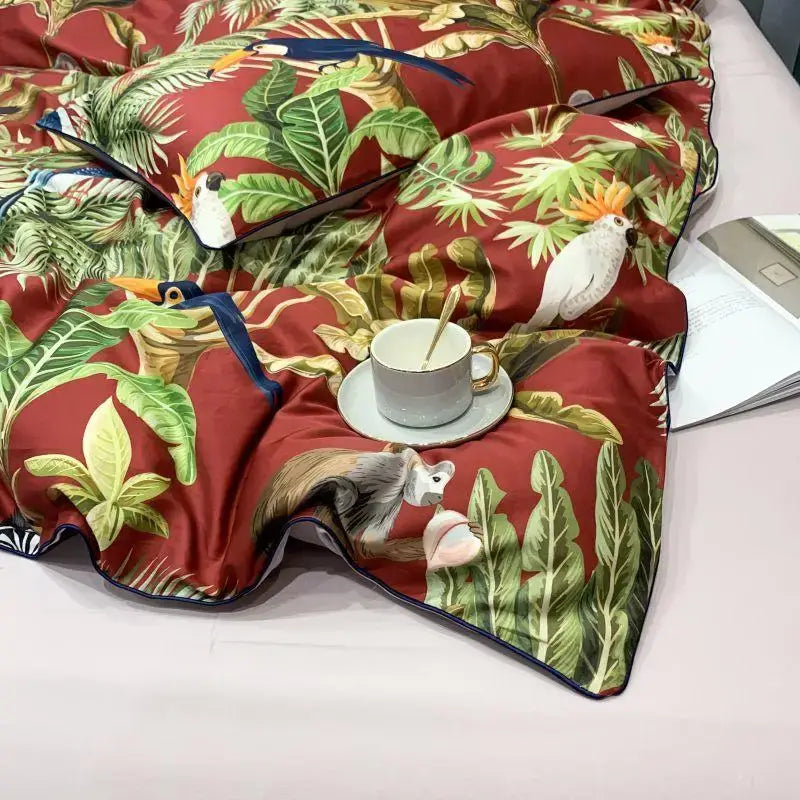Luxury flamingo and leaf egyptian cotton duvet cover bedroom set