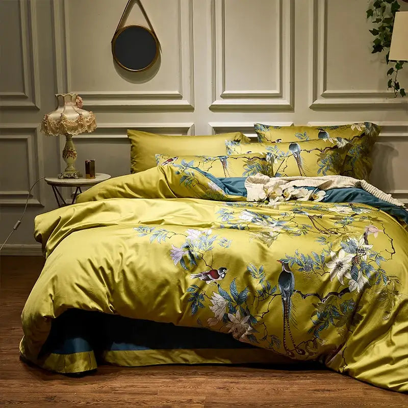 Luxury yellow satin flamingo leaf duvet cover bedroom set with pillowcases
