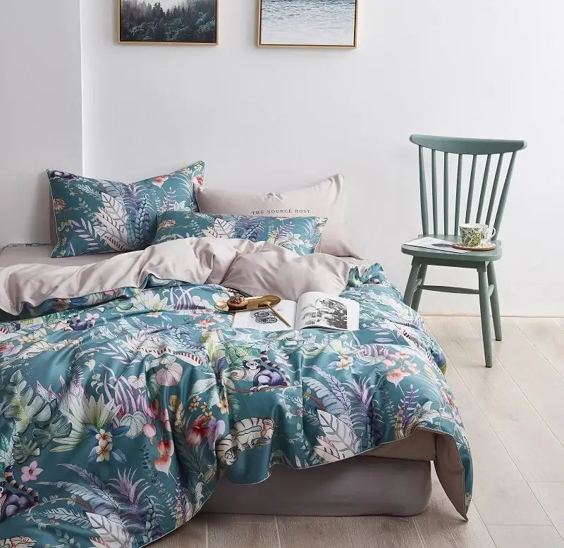 Teal and pink floral duvet cover set bedroom egyptian cotton bedding