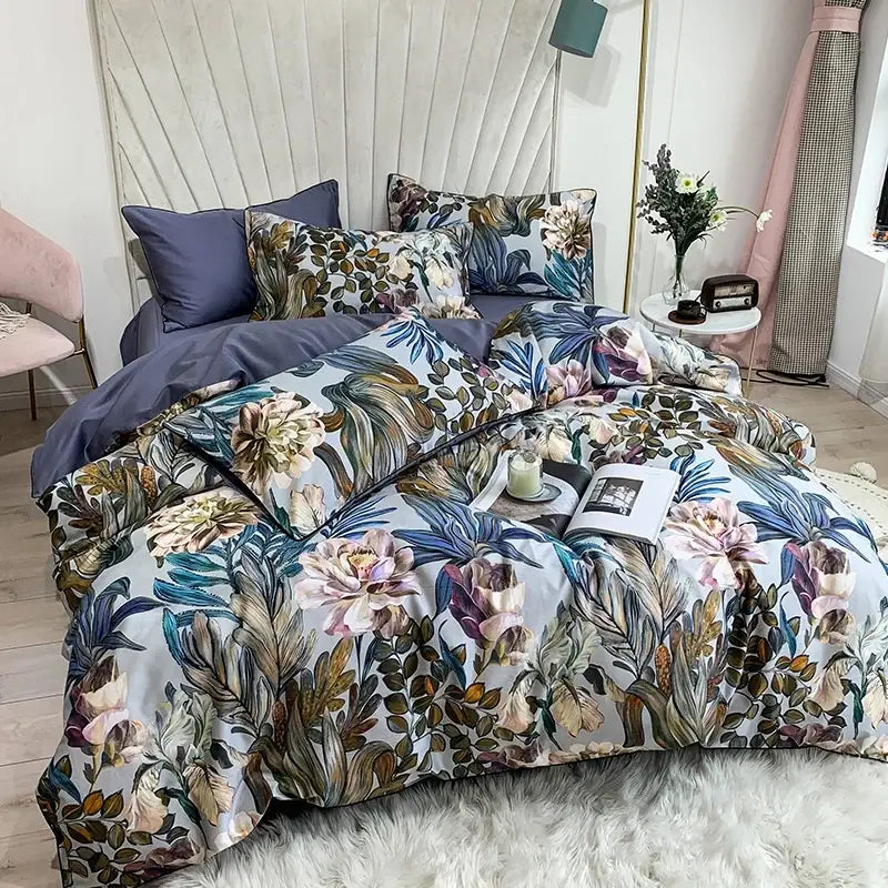Teal floral egyptian cotton duvet cover bedroom set with pillowcases