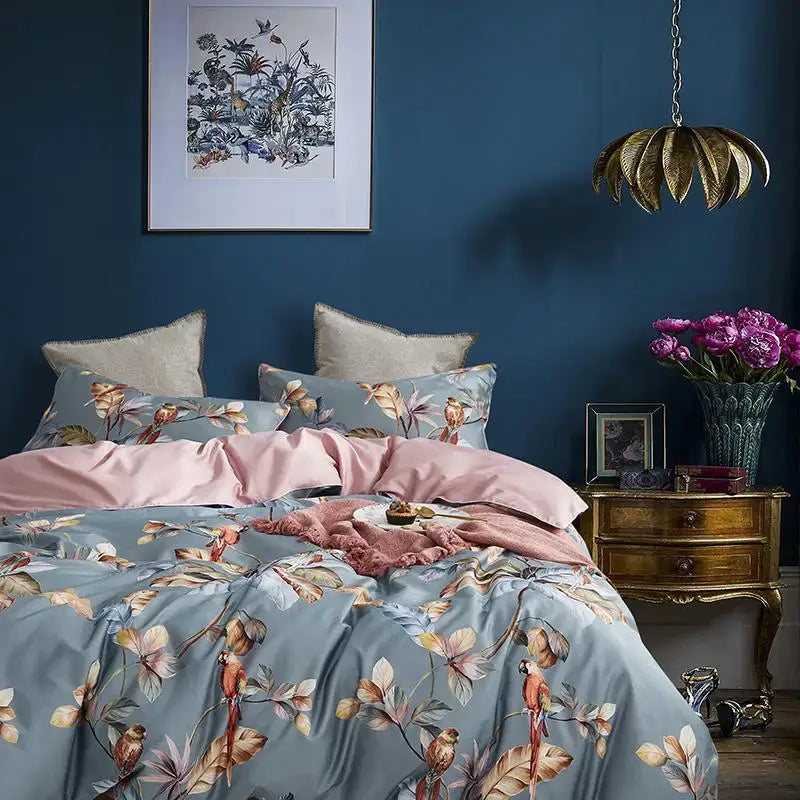Botanical flamingo egyptian cotton duvet cover bedroom set with pillowcases