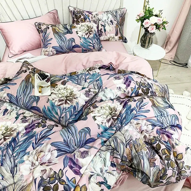 Luxury egyptian cotton flamingo leaf duvet cover bedroom set