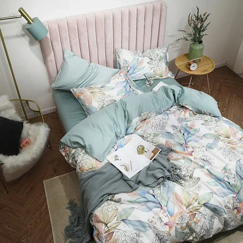 Teal and pink floral duvet cover set bedroom egyptian cotton bedding