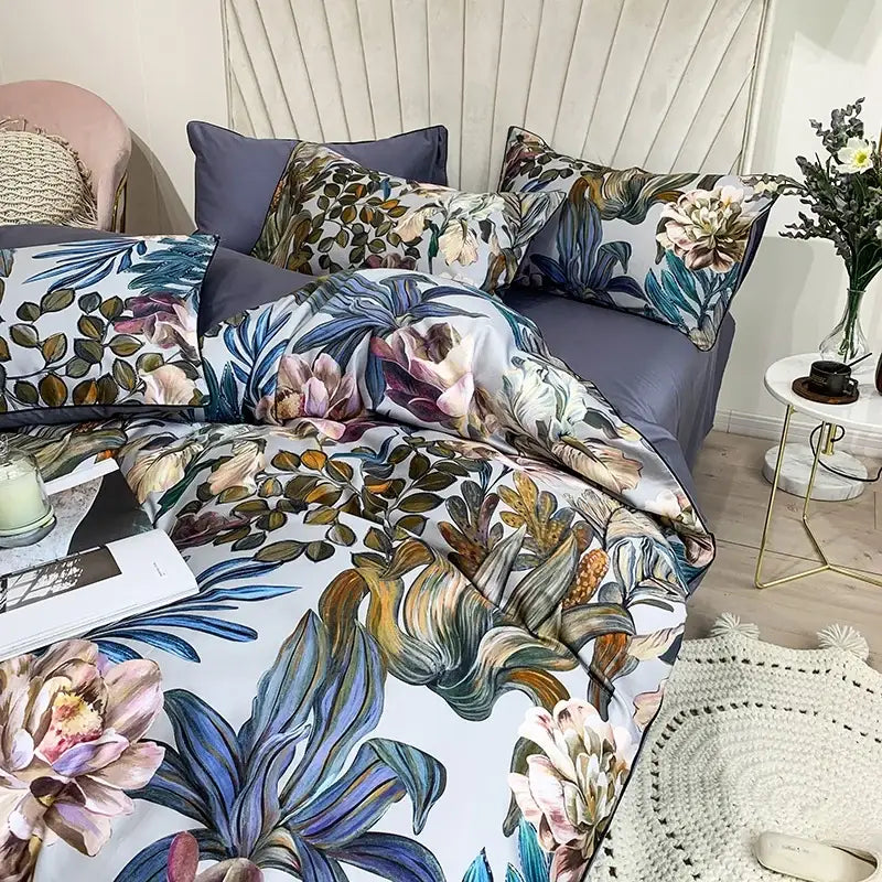 Botanical egyptian cotton duvet cover and pillowcases bedroom set