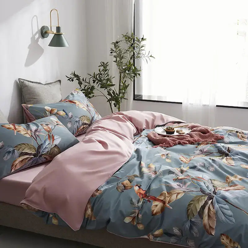 Luxury teal & pink flamingo leaf duvet cover – bedroom bedding set
