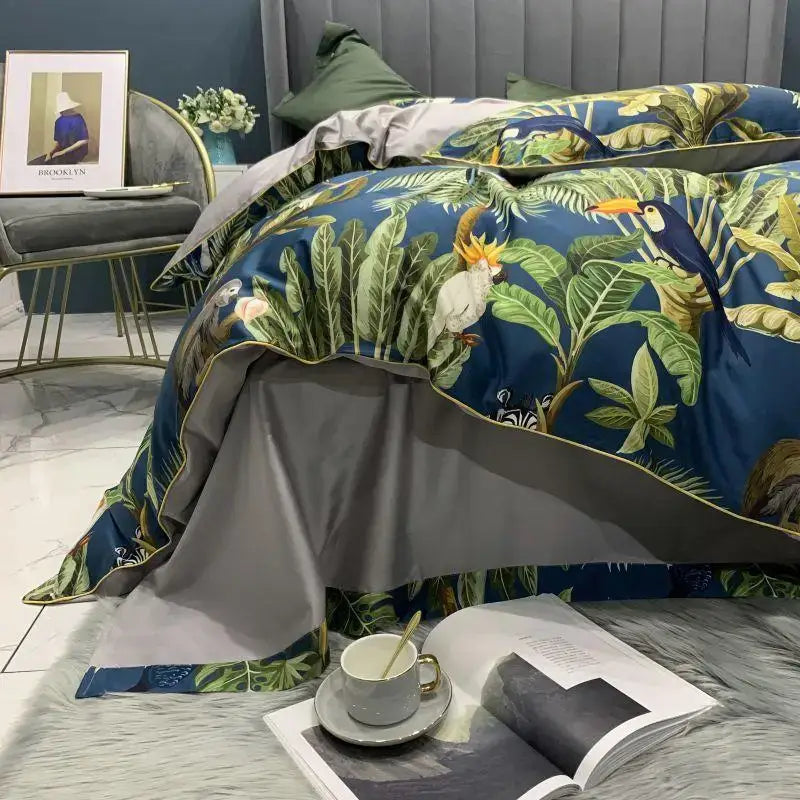 Luxury teal & pink flamingo leaf duvet cover – bedroom bedding set