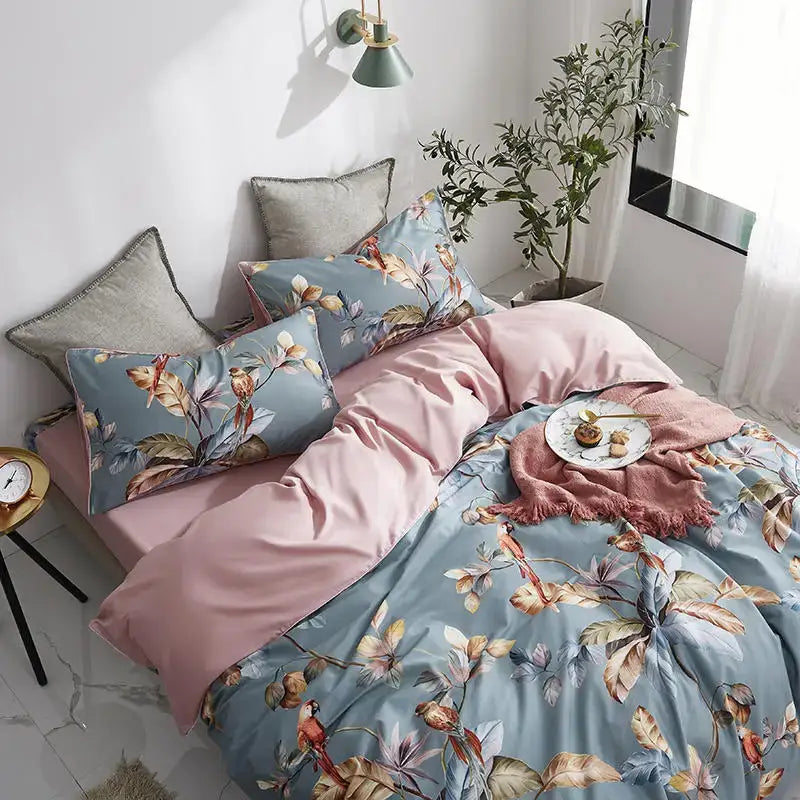 Luxury teal & pink flamingo leaf duvet cover – bedroom bedding set