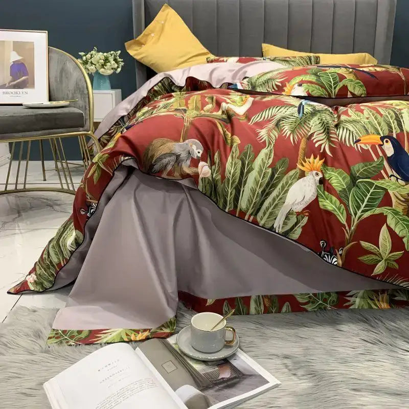 Luxury teal & pink flamingo leaf duvet cover – bedroom bedding set
