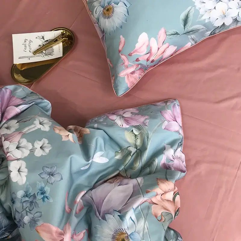 Luxury teal & pink flamingo leaf duvet cover – bedroom bedding set