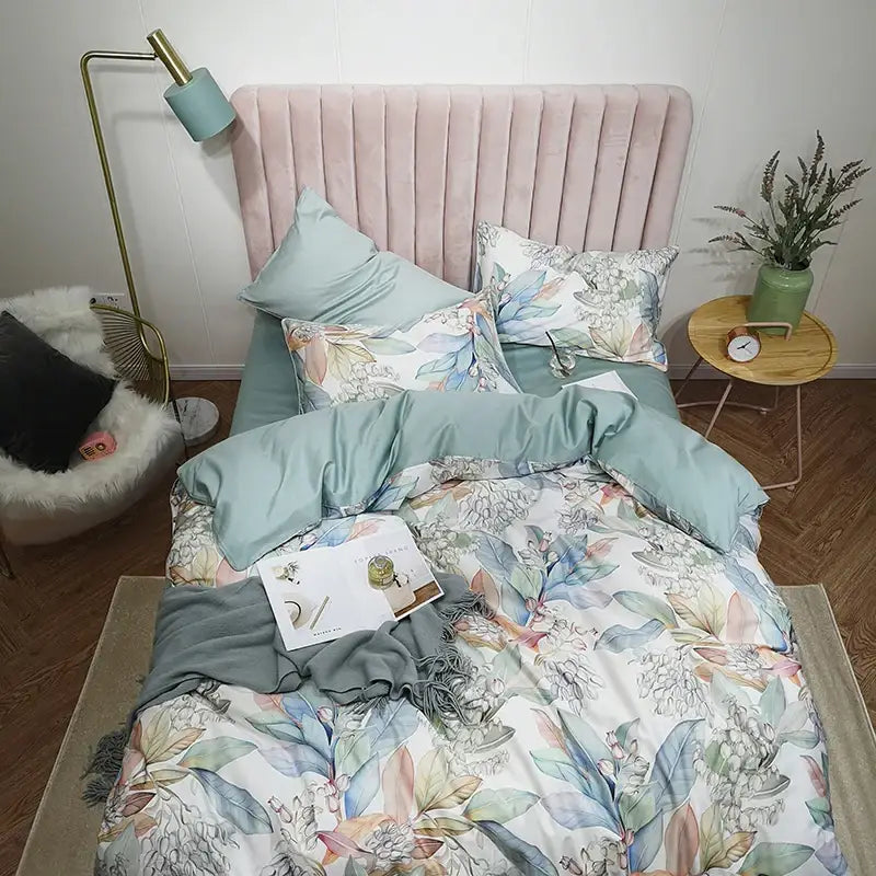 Luxury teal & pink flamingo leaf duvet cover – bedroom bedding set