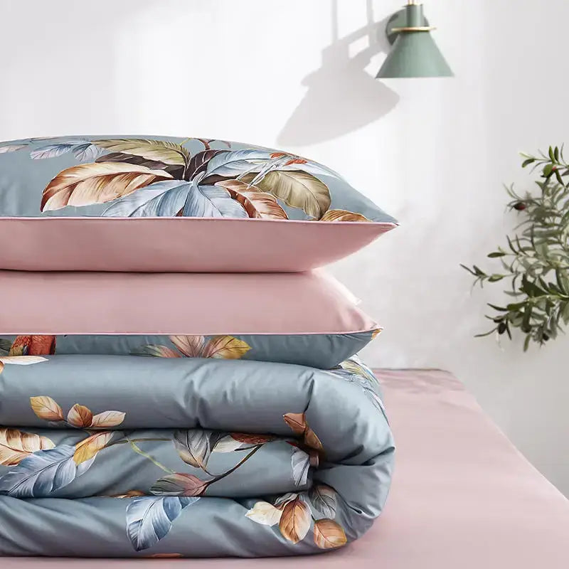 Luxury teal & pink flamingo leaf duvet cover – bedroom bedding set