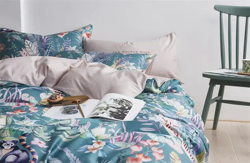 Luxury teal & pink flamingo leaf duvet cover – bedroom bedding set