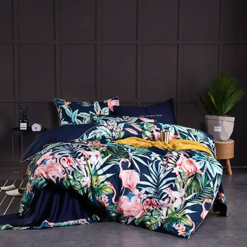 Luxury flamingo leaf gray satin duvet cover bedroom set 3 pieces