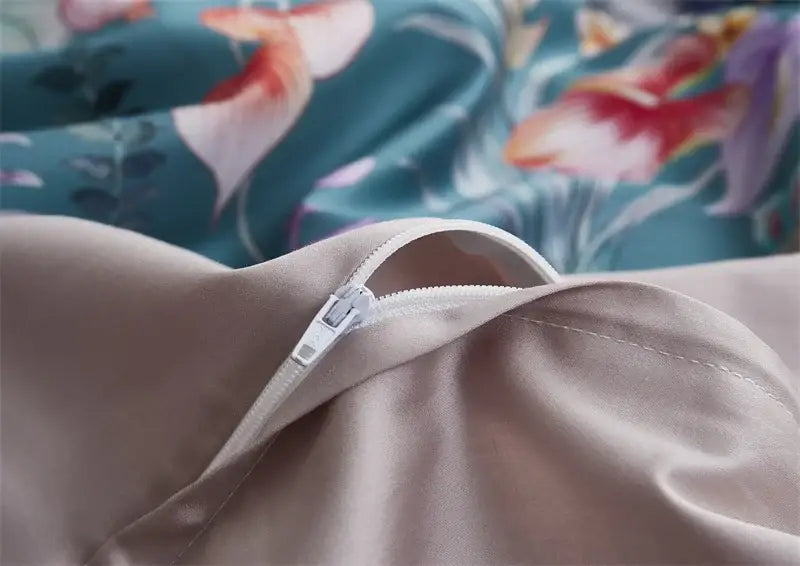 Luxury flamingo leaf gray satin duvet cover bedroom set 3 pieces